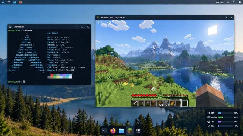 Minecraft running smoothly on a lightweight PlugBoxLinux desktop with terminal and performance indicators