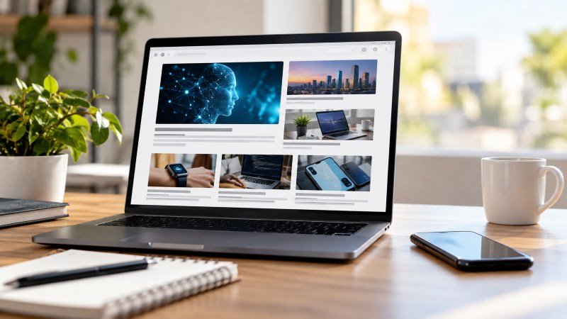 Laptop displaying a digital content feed with technology articles